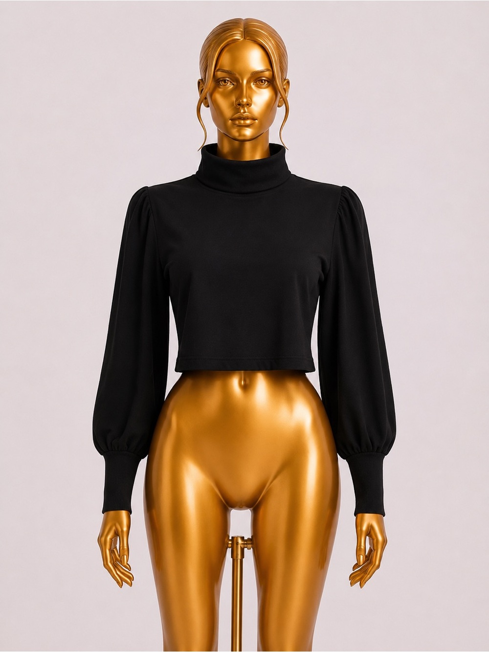 Fashion Nova Black Cropped Puff-Sleeve Turtleneck